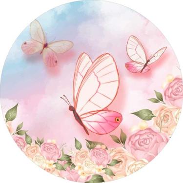 Imagem de Painel de Lona Redondo Jardim Flores Borboletas Céu Aquarelado - Fabri