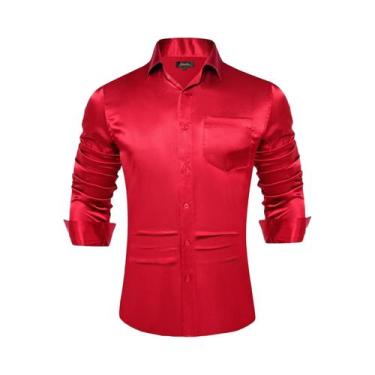 Imagem de Camisas De Seda Satinada De Manga Longa Para Homens Em Verde Sálvia, P