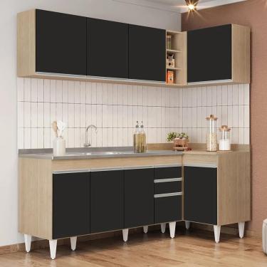 Imagem de Armário De Cozinha Modulado De Canto Esquerdo 4 Peças Cp51 Com Pia Inox Castanho/preto - Lumil