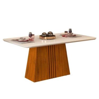 Imagem de Mesa para Cozinha Italia + Tampo Madeirado Vidro 170x90cm Freijó/Off W