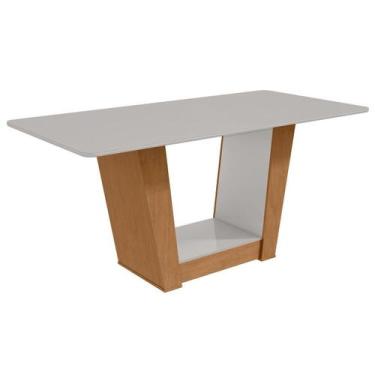 Imagem de Mesa p/ Cozinha Apogeu Plus c/ Tampo Madeirado Vidro 170x90cm Amêndoa/