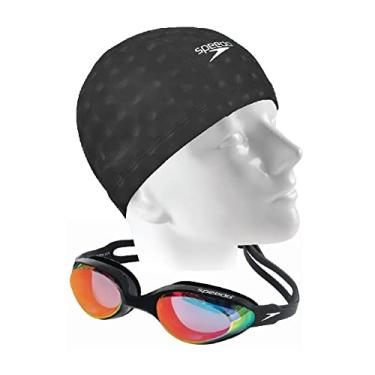 Imagem de Kit Natação Speedo Óculos Hydrovision MR Espelhado + Touca Comfort Cap Confortável (óculos preto)