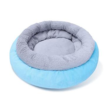 Imagem de Cama de cachorro, camas de gato para gatos internos cama de animal de estimação para cachorro extra macio e lavável na máquina redonda macia camas de gato de pelúcia redonda confortável cama de animal de estimação, azul, P