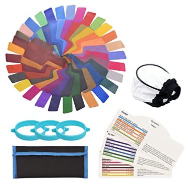 Imagem de Chusui 30 pçs/conjunto Filtro de Iluminação de Flash Universal Géis de Flash Filtros de Correção de Cor para Câmera Speedlite Flash Light com Bolsa de Transporte, Difusor de Luz e Faixa de Gel