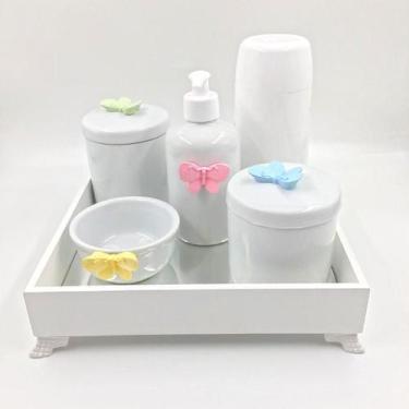Imagem de Kit Higiene Bebê Porcelana Borboleta Cores Bandeja Mdf Garrafa 6Pçs -