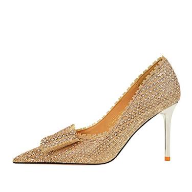 Imagem de YGJKLIS Sapato feminino fino fechado 9,5 cm stiletto strass arco sapatos lindos sapatos de salto alto para festa noturna casamento, Caqui, 5