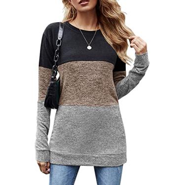 Imagem de Top Bloco Colorido Com Gola Redonda, Manga Longa Bloco Colorido, Casual, Macio para a Pele, Feminino para Casa (XXL)