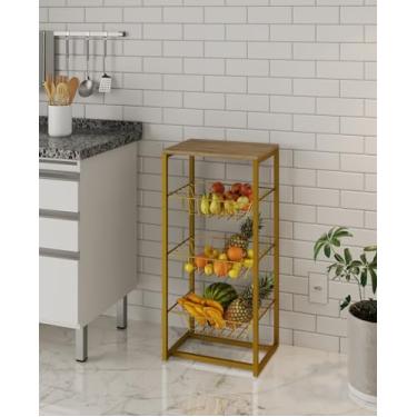 Imagem de Fruteira Grécia Tampo Madeira Mdp Canela Base de Ferro Dourado