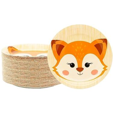 Imagem de 50 peças de artigos de festa de raposa, pratos de papel de raposa, animais da floresta, pratos de sobremesa, pratos descartáveis de raposa, animais da selva, para chá de bebê, desenho animado, raposa,