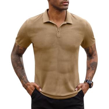 Imagem de Lion Nardo Camisas polo elásticas masculinas de manga curta para golfe, camisetas polo justas para homens, camisas de golfe, tênis, Caqui, GG