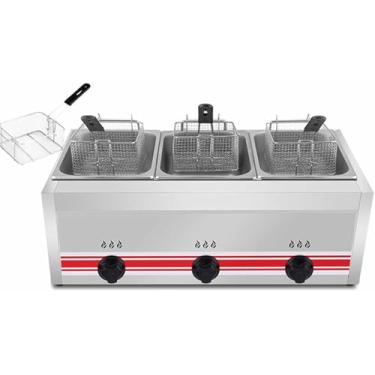 Imagem de Tanque duplo comercial - 10L/30L Fritadeira a gás multifuncional de grande capacidade com cesta Fritadeira a gás de cilindro duplo de aço inoxidável para restaurante para cozinha doméstica,