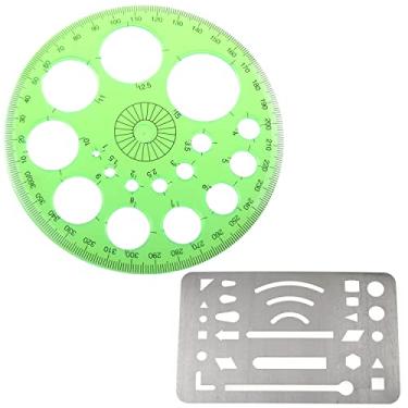 Imagem de LUORNG Escudo de ferramenta de desenho apagável de aço inoxidável 2 em 1 com 27 padrões e transferidor de 360 graus e kit de fazer círculos