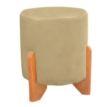 Imagem de Puff Thor Luxo Madeira Maciça Redondo Suede Bege - Bem Rylex