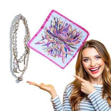 Imagem de Kit Trio de Colar Choker Misto com Pérola + 1 Lenço Estampado 50x50 Pe