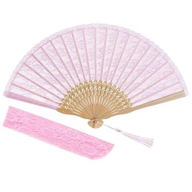 Imagem de choyaxo Ventilador dobrável chinês de renda de bambu para mulheres decoração de casamento festa dançante, rosa