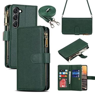 Imagem de iCoverCase Capa carteira para Samsung Galaxy S23 com suporte para cartão, capa de couro PU com alça transversal ajustável, fecho magnético com zíper e bolso (verde)