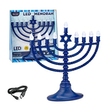 Imagem de Rite Lite Menorá de Chanukah LED elétrico de plástico azul com lâmpadas transparentes - Bateria Menorah Hanukkah ou alimentado por USB - Inclui um cabo de carregamento micro USB de 10 cm