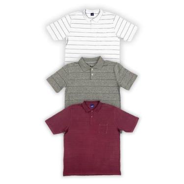 Imagem de KIT Masculino 3 Peças  - Camisa Polo Listrada Vinho, Cinza e Branca - 