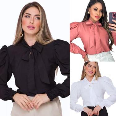 Imagem de Kit 3 Blusas Feminina Manga longa Bufante com Gola e Laço - G-Store, P