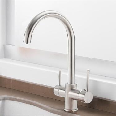 Imagem de Torneira de cozinha preta com filtro bege com pontos, misturador purificador de latão, pulverizador duplo, torneira de pia curva para água potável, rotação de 360 graus, escova de níquel