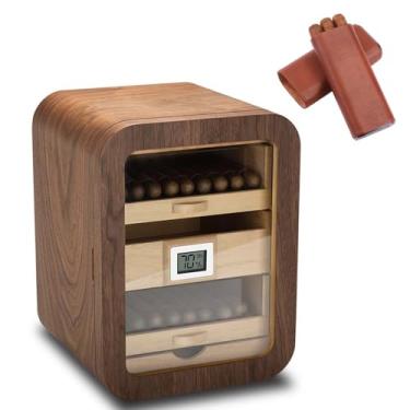 Imagem de Umidificador de gabinete de 100 contagens com gaveta de madeira de cedro espanhol, higrômetro de precisão e umidificador - caixa de mesa de charuto com design transparente frontal presente para a