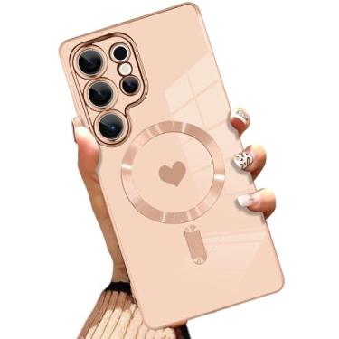 Imagem de AIGOMARA Capa magnética feita para ultra [compatível com carregamento sem fio] design de coração TPU macio galvanizado capa fina antiarranhões à prova de choque para mulheres - rosa