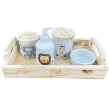 Imagem de Kit higiene bebê Safari 5 peças Menino - Bandeja, potes, porta álcool 