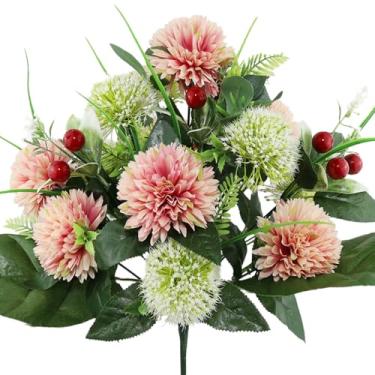 Imagem de CUQRY Flores de cemitério - flor de sepultura artificial de arbusto misto grande - bola de crisântemos - 18 peças buquê de seda rosa bifurcado para decoração de sepultura de vaso