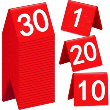 Imagem de 30 peças de números de mesa de tenda de acrílico, número BetterJonny 1-30 branco e vermelho 5,5 * 6,3 cm números de barraca de mesa autônomos dupla face numerados para festas de casamento e eventos