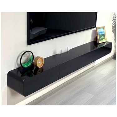 Imagem de Suporte de TV flutuante preto com gavetas e porta, console de TV montado na parede, armário de TV branco de madeira maciça, console de mídia, com orifício para roteador e parte traseira oca