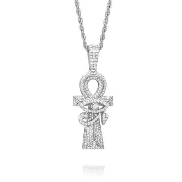 Imagem de PY BLING Colar com pingente de cruz do Olho de Hórus Ankh com corrente de colar egípcio antigo banhado a ouro branco 14K, joia de proteção para homens e mulheres com corrente de corda inoxidável
