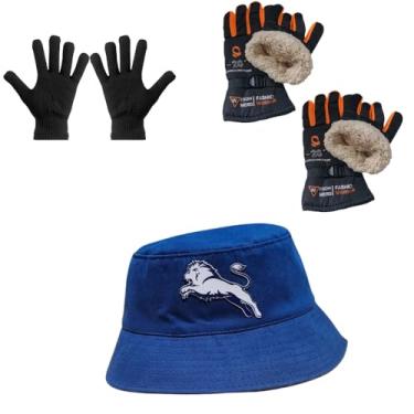 Imagem de Luva Básica, Luva de Moto Forrada, Chapeu Bucket (1 Luva Preta + 2 Luva de Moto Laranja + 1 Chapeu Azul)