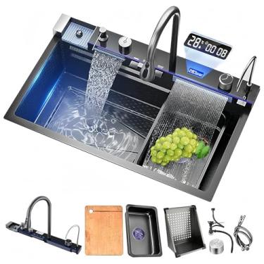 Imagem de Pia de cozinha em cascata de bancada de 81 cm, pia única de aço inoxidável SUS304 com visor digital multifuncional, pias de estação de trabalho com torneira, arruela de copos e acessórios (preto, 80 x