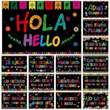 Imagem de WATINC Pôster de frases de palavras em espanhol - Conjunto de 16 pôsteres espanhóis decorações de sala de aula, materiais de aprendizagem de estudo bilíngue pré-escolar, material para professores