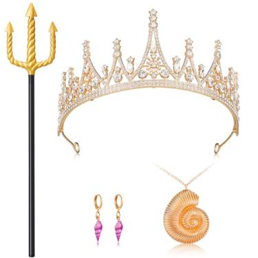 Imagem de Knitgrip Conjunto de 5 peças de acessórios de fantasia de polvo de Halloween para mulheres colar de concha dourada de cristal coroa e brincos de concha roxa tiaras de bruxa do mar e joias de concha