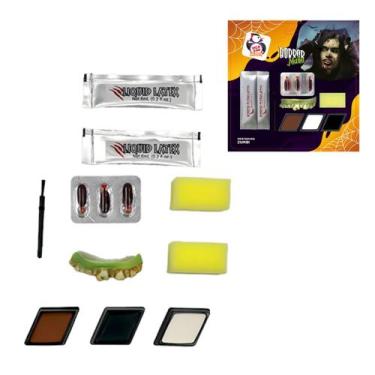 Imagem de Kit Maquiagem Halloween Zumbi com Dentadura, Sangue Falso, Tintas e Lá