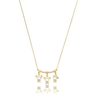 Imagem de Colar Canga Três Filhos Vazados – Corrente Veneziana 45cm com Pingente Duas Meninas e Um Menino, Acabamento Refinado e Hipoalergênico
