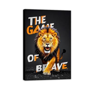 Imagem de Arte inspiradora de parede de escritório rugindo ouro emoldurado leão selvagem e feroz impressão em tela pôsteres de animais citações motivacionais imagens para decoração de parede de quarto masculino