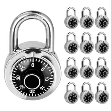 Imagem de HZSY Cadeado combinado com 12 unidades, cadeado de combinação de mostrador fixo com diferentes combinações, 5 cm de largura. Toca-discos preto, trava para academia e armário, escola, caixa de