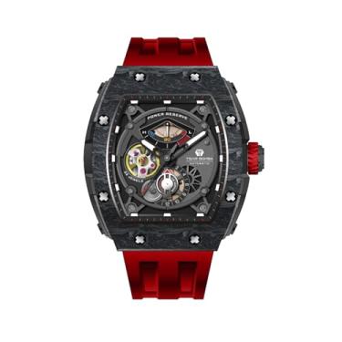 Imagem de TSAR BOMBA Relógios masculinos mecânicos automáticos, analógicos, relógio de pulso esqueleto, relógio de pulso Tonneau, bisel de fibra de carbono, relógio legal com caixa de cristal de safira luminosa