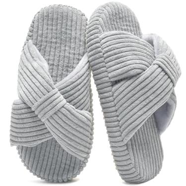 Imagem de IceUnicorn Pantufas infantis fofas de veludo cotelê com laço de veludo cotelê deslizante, chinelo infantil de espuma de memória aberto para uso interno e externo, Cinza claro, 10.5-11.5 Little Kid