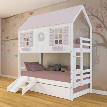Imagem de Treliche Casinha Bela com Coração Kit Escada/Escorregador - Madeira Maciça Branco/Rosa | Megamobilia