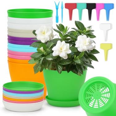 Imagem de DIBALIYI 14 vasos de plástico para plantas, recipiente de flores coloridas de 14 cm com bandejas de paletes, vasos de plantas de jardim com 14 peças de sinalização e removedor de mudas para escritório