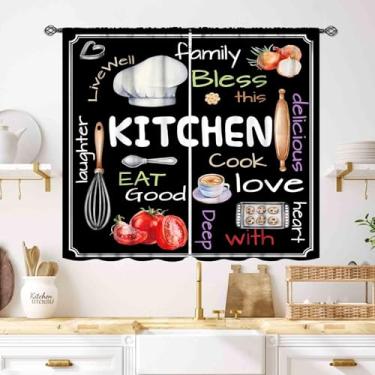 Imagem de Cortinas de janela de cozinha, chapéu de chef de frutas vegetais de fazenda, utensílios de cozinha, estampado, preto, cortinas de tratamento de janela para quarto, sala de estar, café, 2 painéis, 132