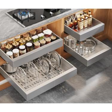 Imagem de Seinloes Pacote com 4 organizadores expansíveis de 53 cm de profundidade com almofada de elevação para armários emoldurados, gavetas deslizantes com 4 prateleiras divisórias, prateleiras de enrolar