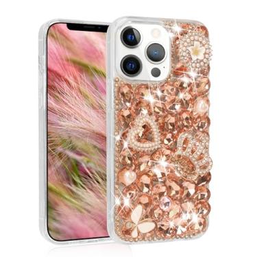 Imagem de Losin Compatível com iPhone 17 Bling Diamond Case Fashion Luxury Glitter Shiny Crystal Strass Sparkling 3D Heart Crown Flower and Butterfly Gemstone Case for Women Girls, Rose Gold