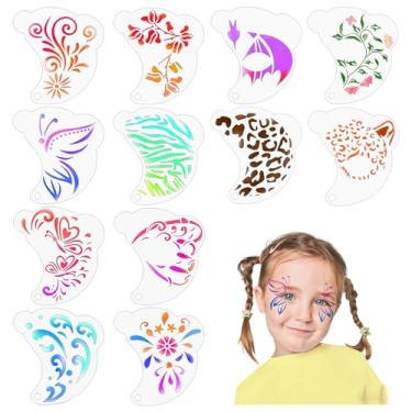 Imagem de Estêncil de pintura facial – Modelo de maquiagem facial reutilizável para crianças, 12 peças, modelos de tatuagem de maquiagem corporal para festa de Halloween, crianças e adultos