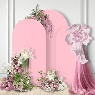 Imagem de GOJAWAY Conjunto de 3 capas de arco de casamento rosa de 1,8 m / 1,6 m / 2 m, capas de suporte de arco de casamento de elastano para topo redondo Chiara Arch Background Capa para decoração de festa de