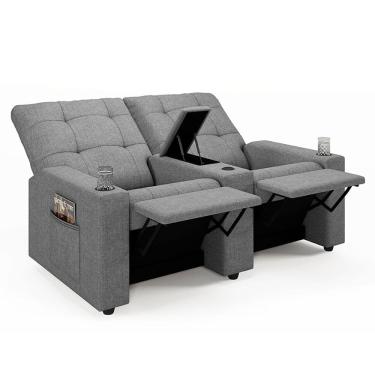 Imagem de Poltrona do Papai Reclinável Cinema 2 Lugares Manual Baú USB Haifa F05 Linho Cinza - Lyam Decor