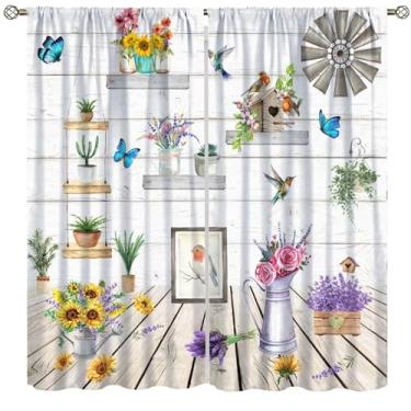 Imagem de wlsgdsg Cortinas de flores rústicas, lavanda de fazenda, girassol, verde, vaso de planta, madeira, cortina de janela, café, sala de jantar, sala de estar, cozinha, escritório, quarto, cortinas, 107 x